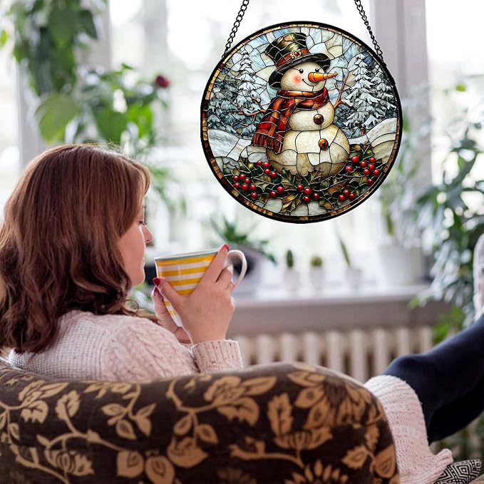 Stained Glass Window Hanging - Christmas Snowman Suncatcher for Door Terrace Garden Home Decor Winter Forest Snow Sun Catcher Birthday Gifts for Lovers Women Men Dad Mom Nana 7.8 in