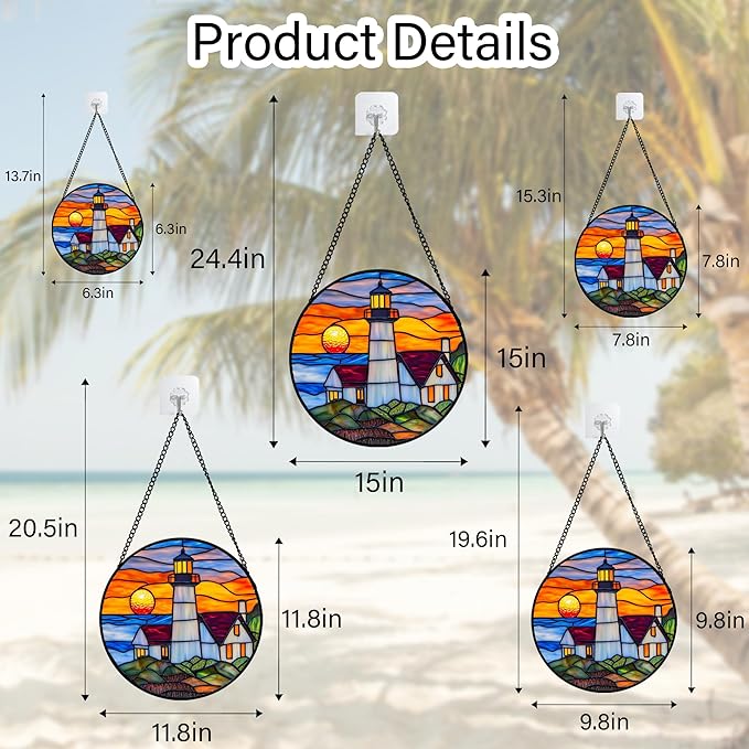 Stained Glass Window Hanging - Sea Lighthouse Suncatcher for Door Terrace Garden Home Decor Sunset Beach Scenery Sun Catcher Birthday Gifts for Lovers Women Men Dad Mom Nana 15 in