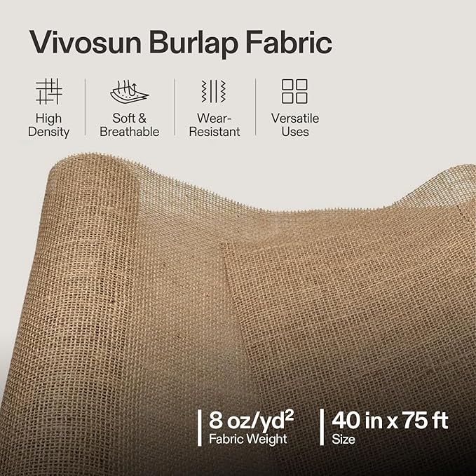 VIVOSUN 40 in x 75 ft Burlap Fabric, High Density Natural Jute Fiber, Multipurpose Burlap for Gardening, Outdoor Plant Care, Weed Barrier, DIY Crafts, and Decoration