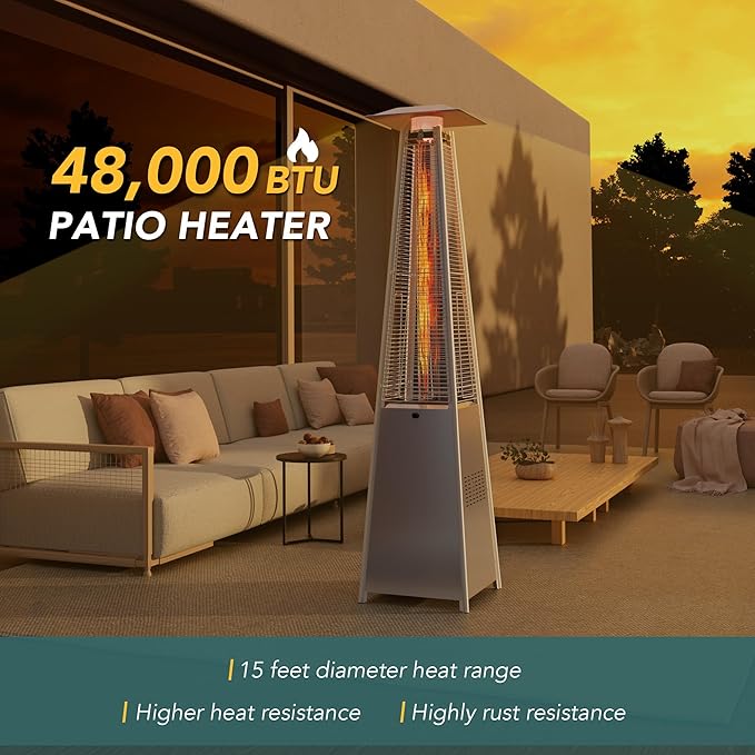 Pamapic Patio Heater, 48,000 BTU Pyramid Flame Patio Outdoor Heater with Cover, Quartz Glass Tube Stainless Steel Propane Heater with Wheels (Stainless Steel Color)