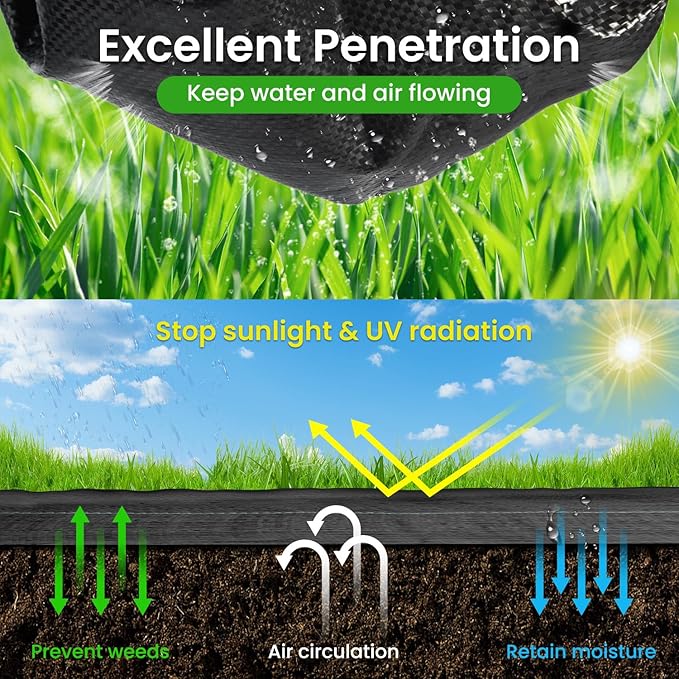 Rintea 6FTX300FT Weed Barrier Fabric, 3.2oz Landscape Fabric, Durable Weed Barrier Fabric Heavy Duty with 20 U-Shaped Securing Pegs for Landscaping Weed Blocker Garden Bed Cover, Commercial Driveway