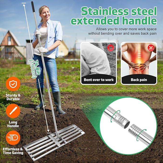 Lawn Leveling Rake(3 Packs) Yard Leveling Rake Suit,Heavy Duty Effort Saving Lawn Level Tool,36"x10"x75" Heavy-Duty All Stainless Steel Lawn Leveler(1 Pack,15"x10"x 50"Lawn Leveler Tool(2Packs)