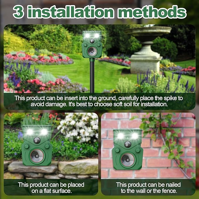 Ultrasonic Animal Repeller Solar Powered Squirrel Repeller Motion Sensor Deer Deterrent Rabbit Cat Dog Control Device with 5 Modes and Flashing Lights Outdoor Yard Lawn Orchard Garden