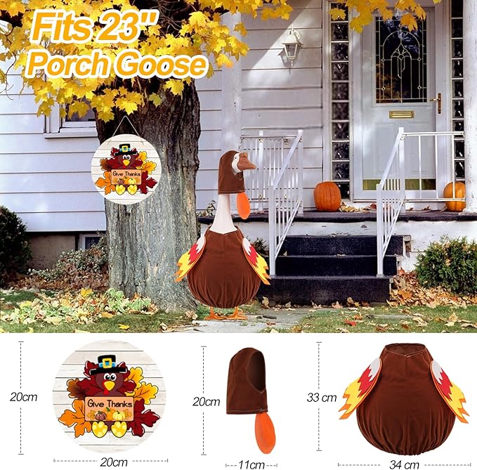 Porch Goose Outfits Turkey with Accessories Yard Garden Lawn Goose Clothes for Plastic Cement Goose Statue 23" H Large Fall Autumn Thanksgiving Porch Goose Costume Set for Patio Outdoor Decoration