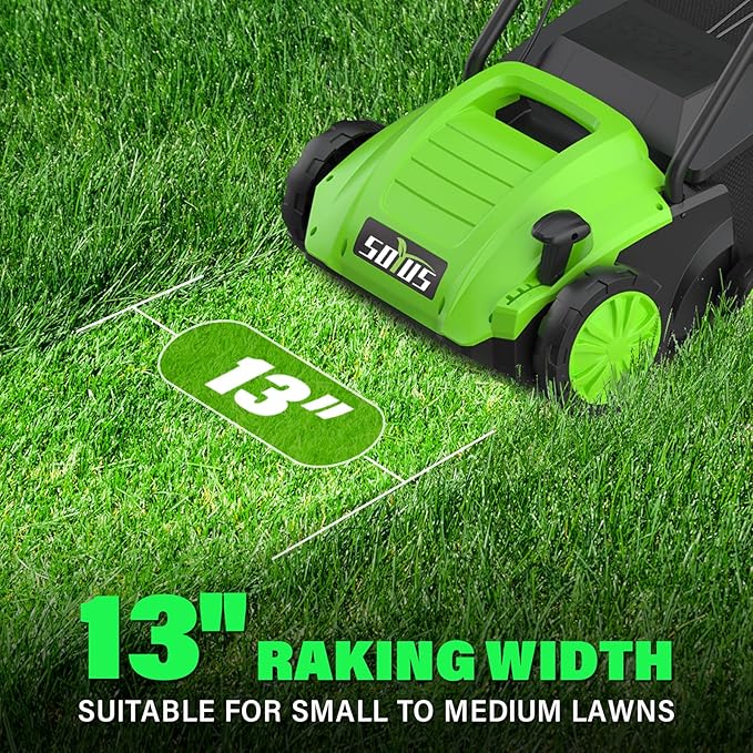 SOYUS Electric Dethatcher and Scarifier with 30L Collection Bag, 13-Inch 12 Amp 2-in-1 Corded Lawn Dethatcher with 4-Postion Depth Adjustment, Quick-Fold, Increases Lawn Health