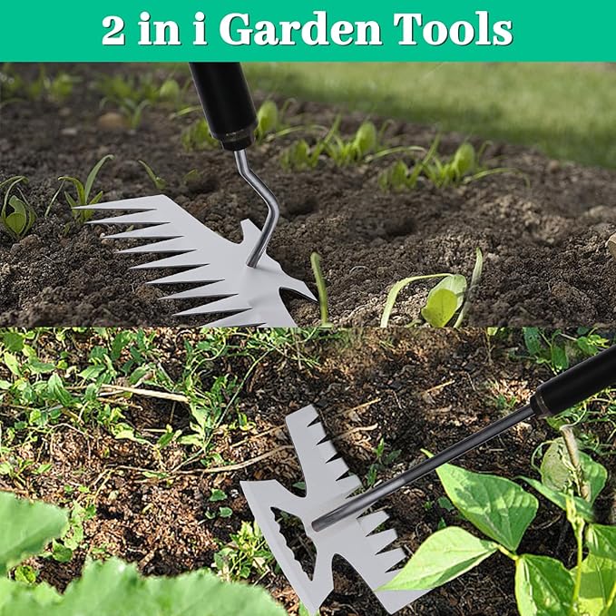 2-in-1 Weed Puller Rake Hand Weeder Garden Tools,New 11 Teeth Uprooting Weeding Tool with Adjustable Long Handle,Manganese Steel Weed Remover Tool for Garden,Lawn Weeding and Loosening Soil(Black)