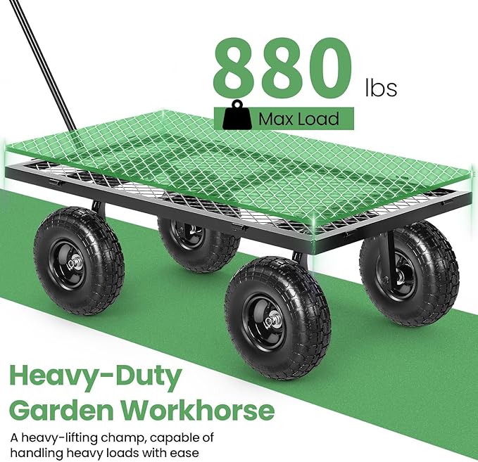 Homdox MAX 880LB Garden Cart, Heavy Duty Garden Wagon, Mesh Foldable Garden Cart, Pullable Gardens Wagon with 180ยฐ Rotating Handle, Collapsible Garden Carts for Yard Beach Farm, Black with Bag