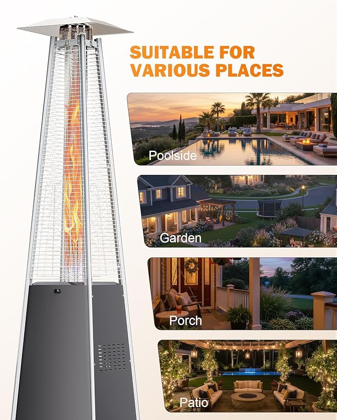 Pyramid Patio Heater, 48000 BTU Fast Heating Outdoor Propane Heater for Wide Area with Wheels & Weatherproof Cover, Triple Protection System for Patio, Yard, Pool, Garden