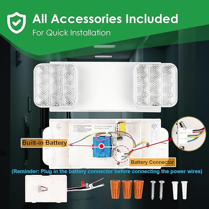 GRUENLICH LED Emergency Light, Exit Lighting Fixtures with Two LED Heads and Back-Up Batteries, UL 924 Qualified, 120/277 Voltage, 4-Pack