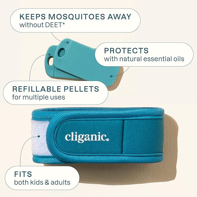Cliganic Mosquito Repellent Pack (2 Wristbands + 4 Refill Pellets) - Adjustable, Natural DEET-Free, Essential Oil Infused