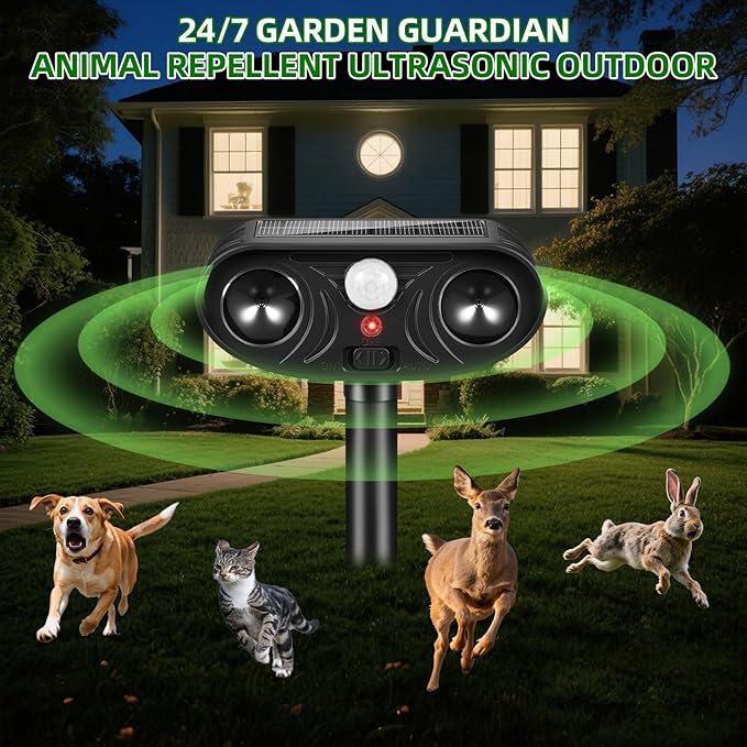 Solar Ultrasonic Animal Repellent Outdoor, Deer Repellent Devices, Waterproof Cat Rabbit Repeller with Motion Detection Flash Light to Deterrent Squirrel Dog Skunk Raccoon for Garden Yard Farm(4Pack)
