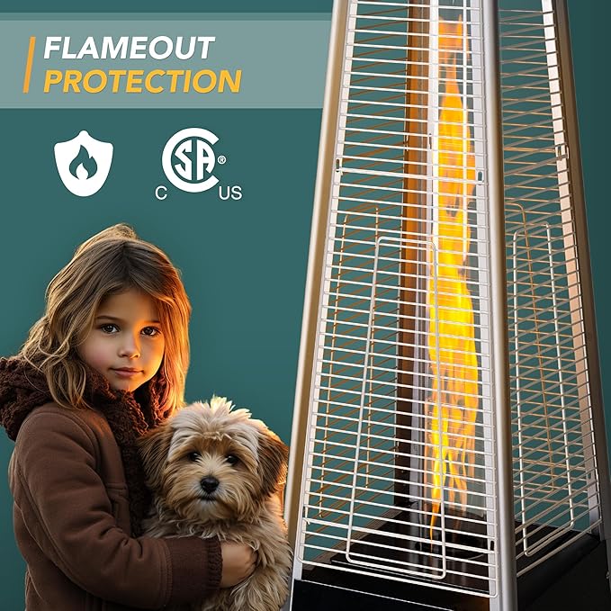 Pamapic Pool Heater Patio Heater, Pyramid 48,000 BTU Portable Heater with Patio Cover, Propane Outdoor Heaters for Patio, Backyard, Balcony with Wheels(Hammered Gray)