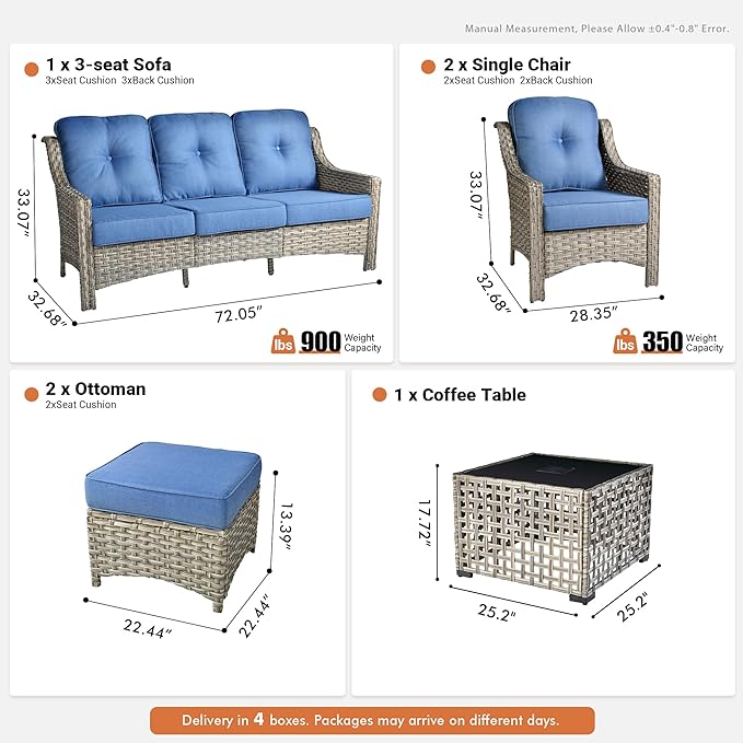 6 Pieces Patio Outdoor Furniture Set,All Weather Wicker Rattan Patio Seating Sofa and Chair Set w/Ottoman and Glowing Coffee Table,Outdoor Conversation Sets for Deck Yard Garden,Blue