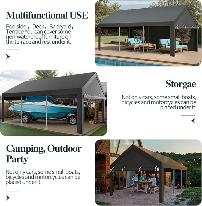 Shintenchi Carport 10' x 20' Heavy Duty Portable Garage, Car Port Canopy with Side-Opening Removable Door & Roll-Up Windows, Car Canopy for Truck,Car,Boat,Motorcycle,Grey