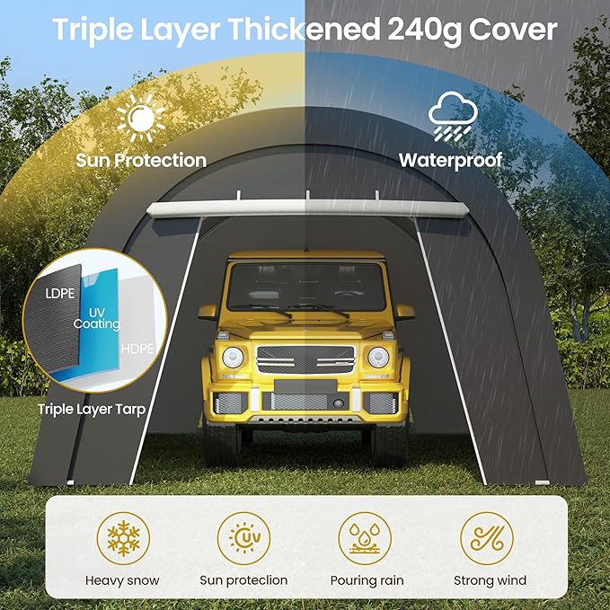 Heavy Duty Carport 13 X20FT, Portable Garage with 2 Roll Up Doors Vents and Metal Round Roof, Outdoor Storage shed Car Port Canopy Tent for Garden Tools, Vehicle Truck Boat, Party