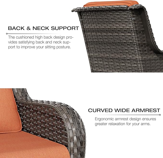 Joyside Outdoor Swivel Rocker Patio Chairs Set of 2 and Matching Side Table - 3 Piece Wicker Patio Bistro Set with Premium Fabric Cushions(Mixed Grey/Orange)