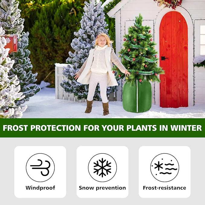 2 Pcs Plant Pot Winter Covers Protection - Potted Plant Freeze Protection Frost Jacket with Zipper Drawstring to Keep Outdoor Plants Flowers Shrubs Trees Warm (17.7" D x 19.7" H - Green)