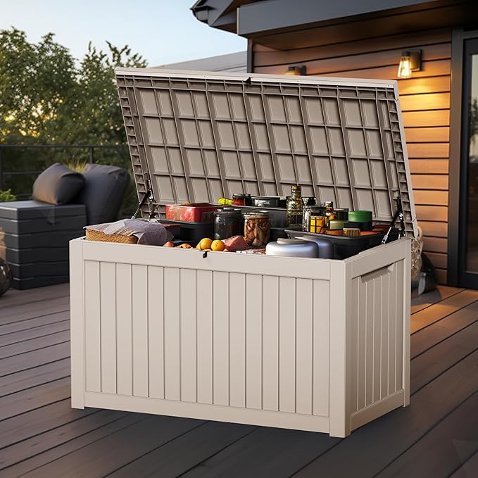 230 Gallon Outdoor Storage Box Waterproof, UV Resistant Resin Deck Box with Hydraulic Rod, Reinforced Stability for Patio, Garden, Striped Gray