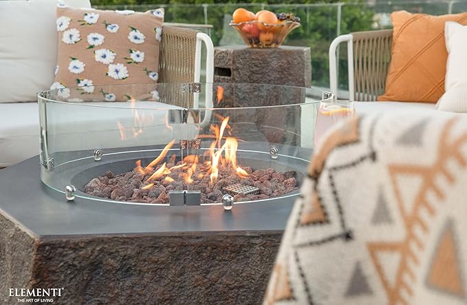 Elementi | Bundle Columbia Gas Fire Pit Cast Concrete Semi-Round Fire Table, Outdoor Fire Pit Electronic Ignition | Canvas Cover, Lava Rock Included | Propane Gas