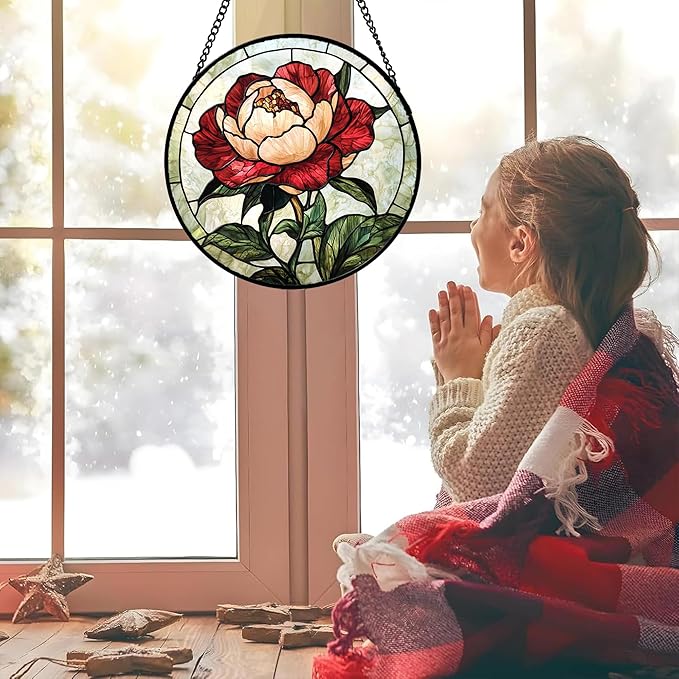 Stained Glass Window Hanging - Peony Suncatcher for Door Garden Home Decor Pink Birth Flower Sun Catcher Christmas Birthday for Friend Lovers Women Mom Nana 11.8 in