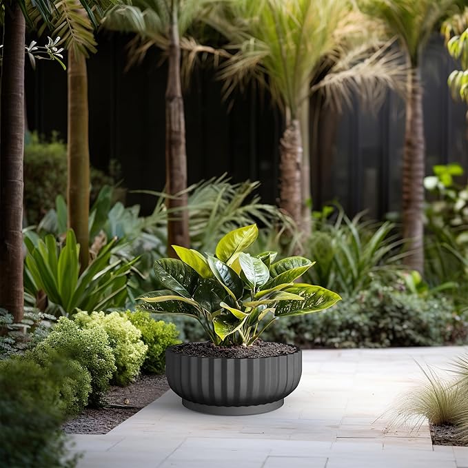 Kante Round Fulted Bowl Planter, 20.9 Inch Dia Large Concrete Flower Pots with Drainage Hole and Rubber Plug, Suitable for for Indoor Outdoor Plants, Home, Patio, Garden, Black