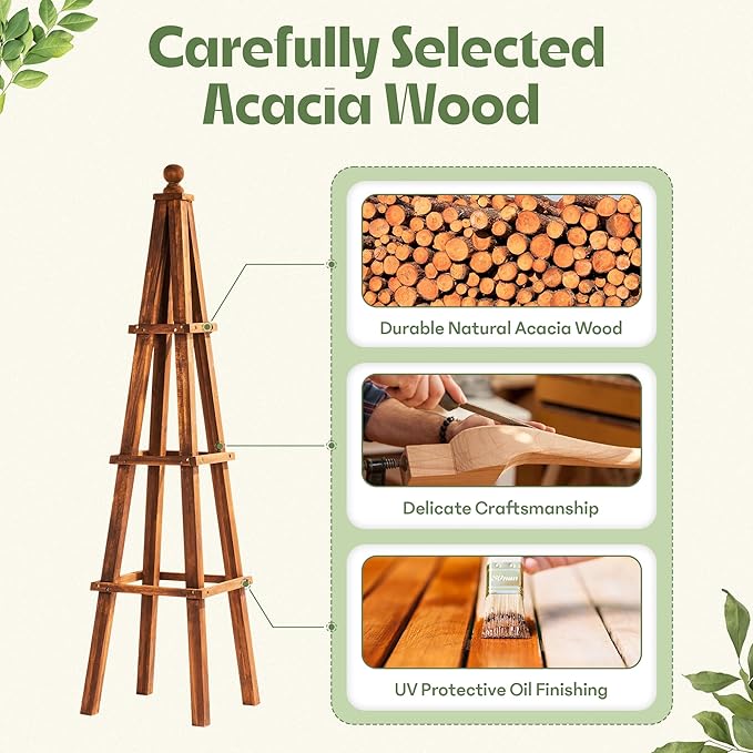 Idzo 61-Inch Wood Obelisk Trellis for Climbing Plants, Outdoor & Indoor Garden Decor, Light Brown, Durable, Space-Saving, Easy Assembly, Ideal for Patio & Yard β Upgraded 2025