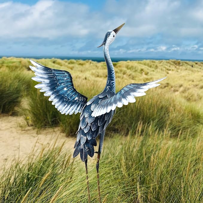 37 Inch Blue Heron Metal Yard Art, Garden Sculpture Spreading Wings for Patio, Lawn, and Backyard