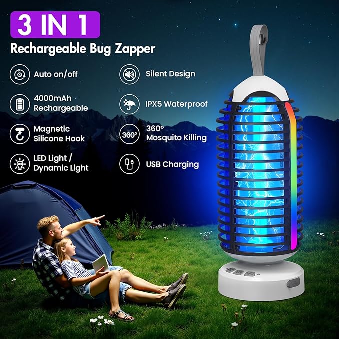Bug Zapper Outdoor with Colorful Lighting and Auto-Sensing, 3 in 1 Cordless 4000mAh Battery Electric Fly Trap, Rechargeable Mosquito Zapper for Camping, Patios, Garden, Kitchen (1Pack-Black)