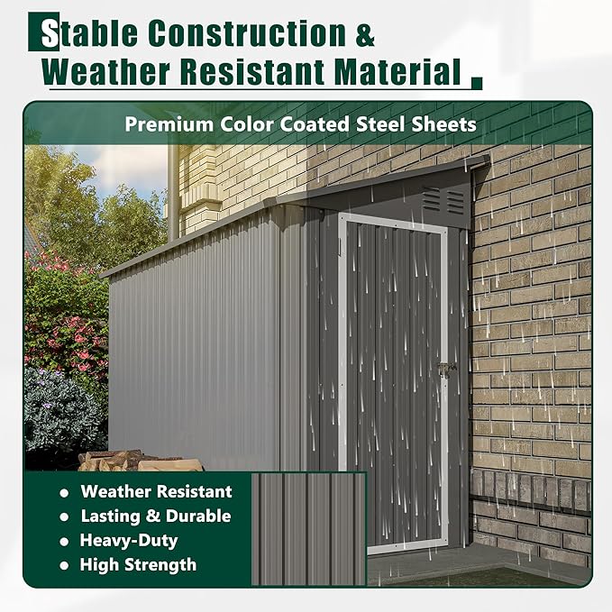 4x8 FT Metal Outdoor Storage Shed with Lockable Door and 2 Air Vents, Lean to Storage Shed, Garden Tool Storage Cabinet for Backyard Patio Lawn, Gray