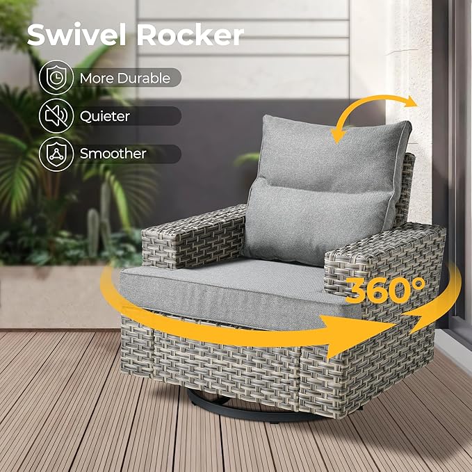 HOOOWOOO Outdoor Sectional Patio Furniture Set with Fire Pit Table,10 Pieces Wicker Conversation Sets L Shaped Couch,Extra Deep Out Door Sofa Outside Furniture with Swivel Chairs,Charcoal Gray