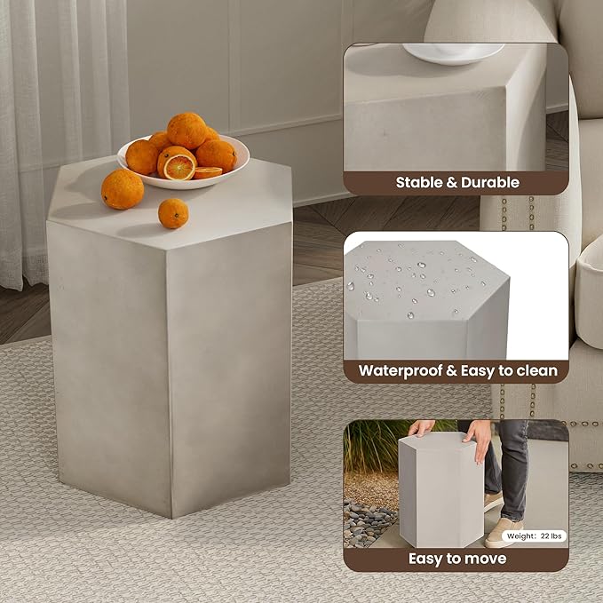 COSIEST Concrete Accent Table, Hexagon Patio Side Table 14.5''Wx16''H, Modular Design Indoor Outdoor End Table, Light Grey