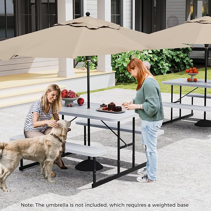 Giantex Picnic Table Bench Set for 4 People, 4.5FT Outdoor Rectangular Dining Table & 2 Benches w/Umbrella Hole, HDPE Tabletop, Metal Frame, Patio Garden Backyard Poolside (4.5FT,Non-Foldable,White)
