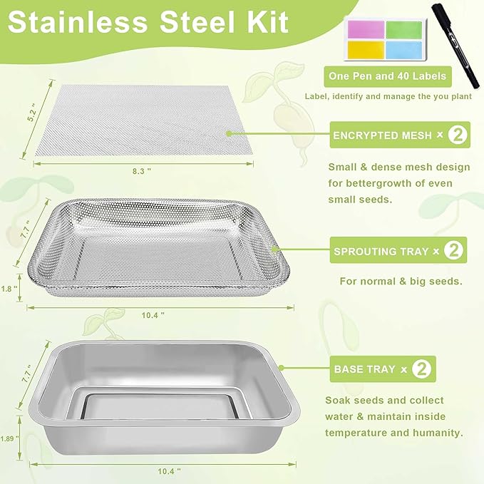 Stainless Steel Sprouts Growing Kit 2-Tier 10.4 inch Trays, Microgreens Growing Kit, Seed Sprouting Tray with Encrypted Mesh Sprouts for Beans Alfalfa Broccoli Wheat Grass