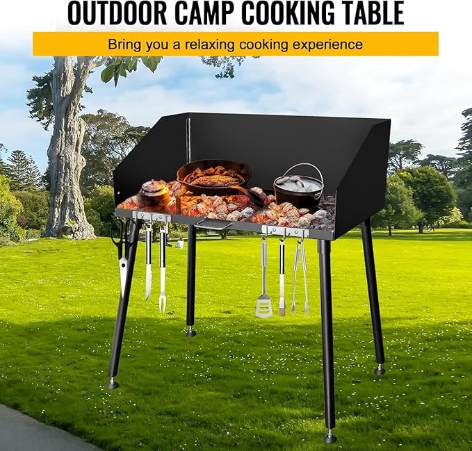 Camp Cooking Table with Foldable Three-Sided Windscreen and Legs, Perfect for Dutch Oven Cooking with Charcoal Briquettes and Food Preparation,30x16