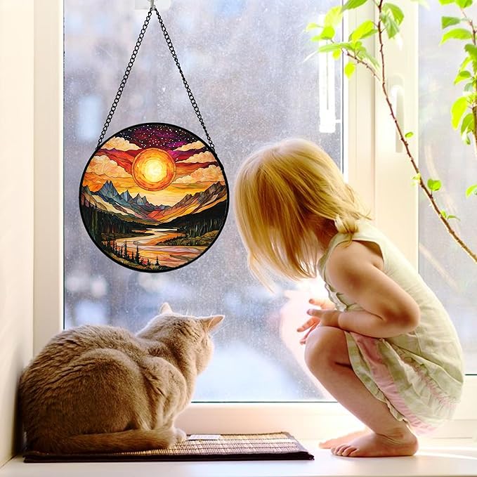 Stained Glass Window Hanging, Dusk Sunset Landscape Sun Catchers Glass Panel Lakes and Mountains Suncatcher Decor for Birthday for Women, Men, Wife, Aunt, and Mom 7.8 in