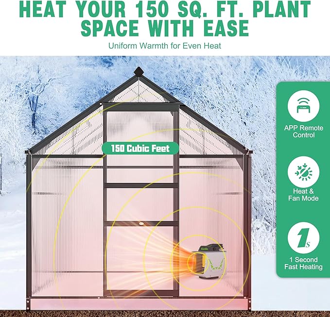 Greenhouse Heater 1500W with APP Remote Control, Greenhouse Heater With Thermostat, Portable Outdoor Heater for Plants Vegetables Flowers,Smart Electric Safe Heater for Green house,Grow Tents,Garage