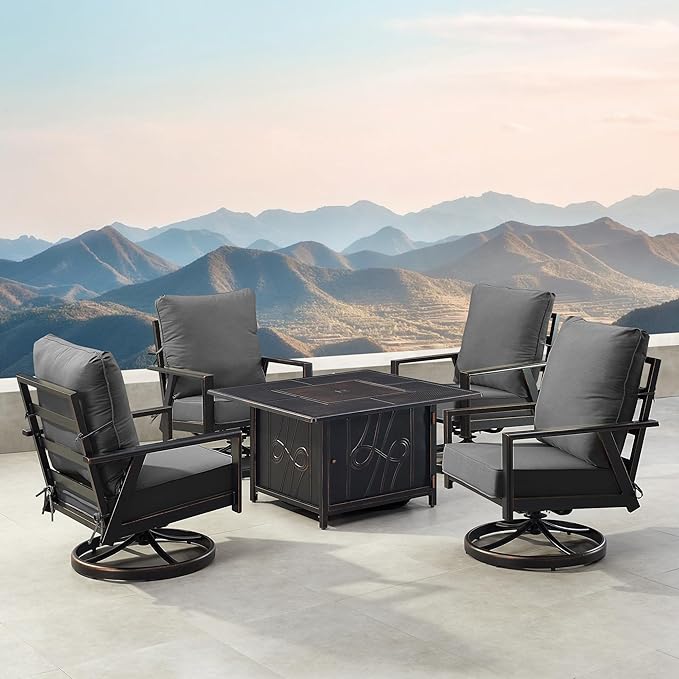Oakland Living Black Aluminum Patio Fire Table Set with Four Club Chairs with Black Cushions