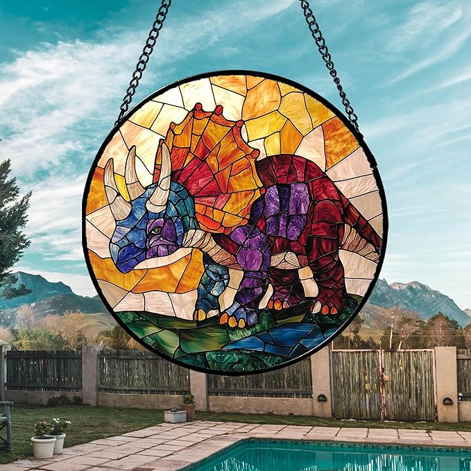 Stained Glass Window Hanging - Triceratops Abstract Dinosaur Suncatcher for Door Terrace Garden Home Decor, Orange Red Sun Catcher Birthday Gifts for Lovers Women Men Dad Mom Nana 9.8 in