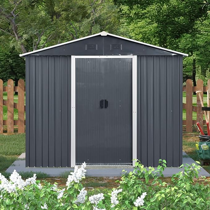 Outdoor Storage Shed, 8x4ft Metal Storage Shed with Window and Metal Foundation, Lockable Sliding Door, All Weather Tilted Roof Tool Shed with Vents, for Backyard, Patio, Lawn