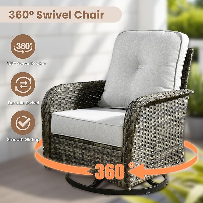 HOOOWOOO Outdoor Patio Furniture Set,9 Pieces Wicker Conversation Set,All Weather Couch Set with Swivel Chairs Solar Light Table Ottoman 9 Seaters for Out Door Yard(Light Gray)