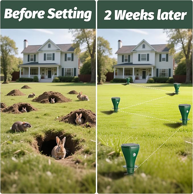 Mole Repeller for Lawns,Solar Powered Vole Repellent Ultrasonic Pest Control Stake, Waterproof Sonic Pulse Deterrent for Gopher Vole Snake in Lawn, Garden & Yard