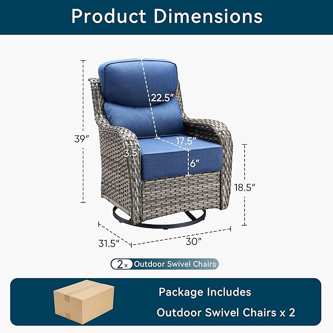 Luxury High Back Outdoor Swivel Rocker Patio Chairs with Side Table & 6-Inch Thick Cushions, 2 Pieces Patio Furniture Set for Porch, Balcony, Deck and Yard