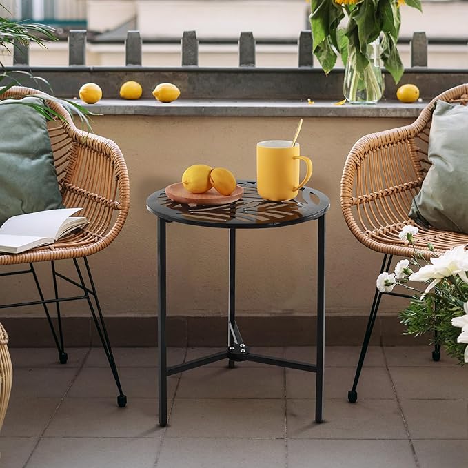 Party Zealot 1 Pack 13" Metal Outdoor Side Tables Small Black Outside End Table for Patio Round Accent Corner Stand for Small Spaces Weather-Resistant Coffee Table for Balcony Porch Plant Stand, Leaf