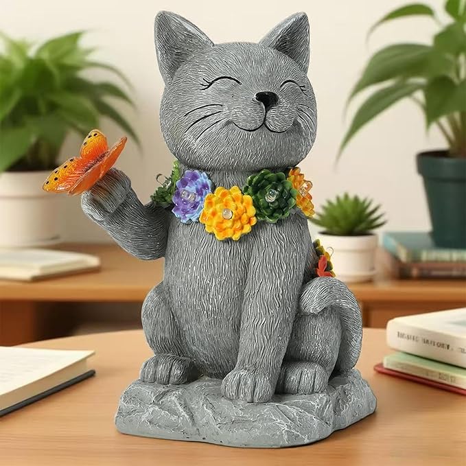 Solar Cat Garden Outdoor Statue - Yard Art with Succulents, 6 LED Lights and 1 Solar Butterfly Decorative Light, Ideal for Gardening Enthusiasts and Cat Lovers, Birthday Gift for Women