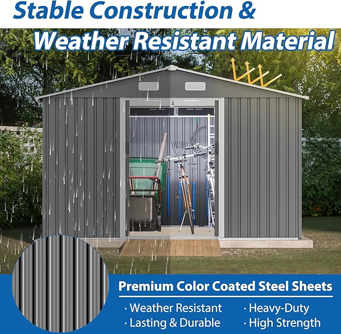 10X8 FT Outdoor Tool Storage Shed with Metal Foundation & Lockable Doors, All Weather Metal Sheds for Garden, Patio, Backyard, Lawn, Gray