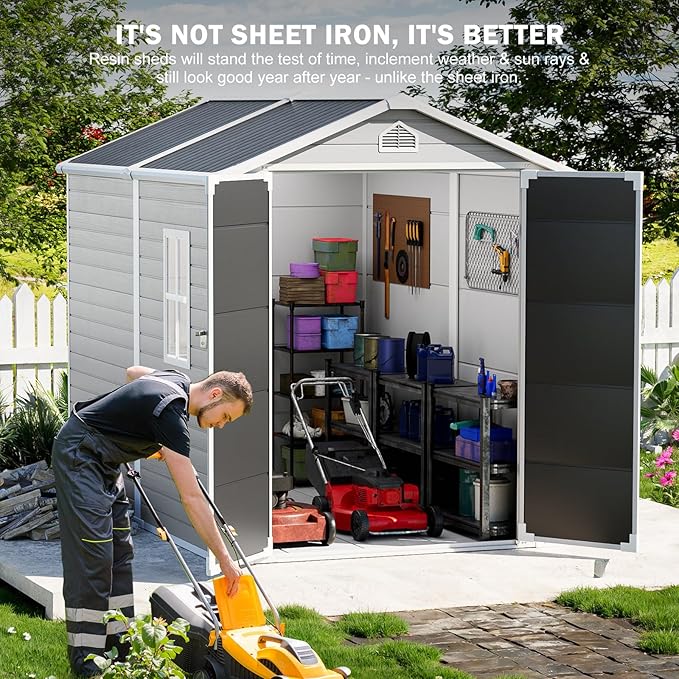 CDCASA 8x6 FT Resin Storage Shed, Large Waterproof Outdoor Sheds with Floor & Lockable Door & Vents, Plastic Tool Shed for Backyard, Patio, Poolside, Cabinet, Dove Grey