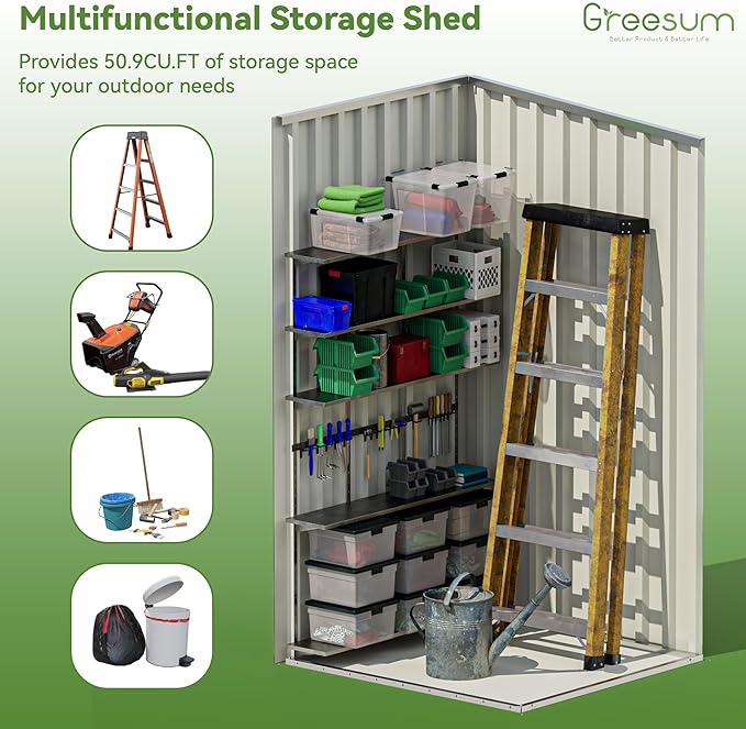 Greesum 3×3FT Outdoor Storage Shed, Metal Patio Storaged Sheds with Lockable Doors, Sheds & Outdoor Storage for Backyard, Pool and Garden, Gray