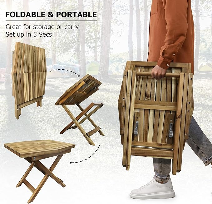Melino Wooden Folding Outdoor Side Table, FSC Certified Acacia Weatherproof Side Tables, Wood Folding Small Table for Outdoor, Patio, Porch, Pool, Backyard, Garden, Balcony and Deck - Natural