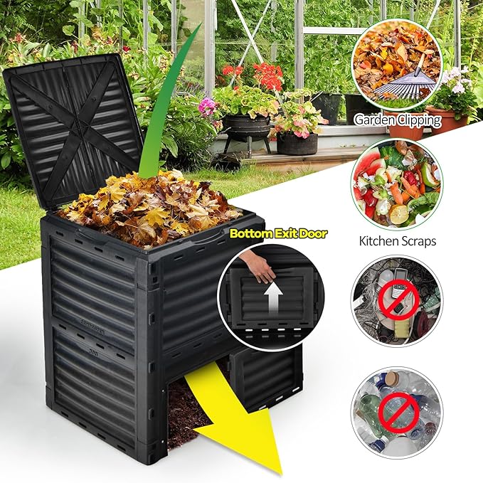 Goplus Compost Bin, 80 Gallon (300 L) Large Outdoor Composting Box w/Top Flip Latch-on Lid, Bottom Exit Door, BPA Free Material, Grass Food Trash Composter Barrel for Garden Yard (Black)
