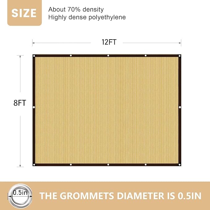 QNLONG Shade Cloth for Garden, 90% Beige Shade Net Mesh Tarp with Grommets Sun Shade Cover Tear Resistance for Plants Greenhouse Chicken Coop Vegetables Pergola 12X8FT